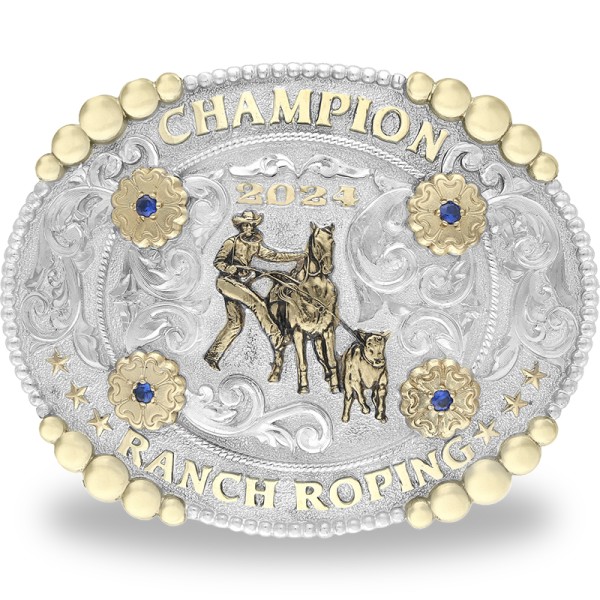 A custom rodeo belt buckle trophy for Ranch Roping featuring a calf roping figure 